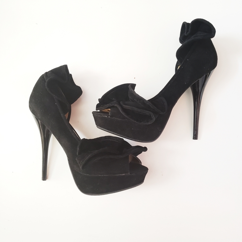 Dollhouse Suede Black Ruffle  Platform Heels